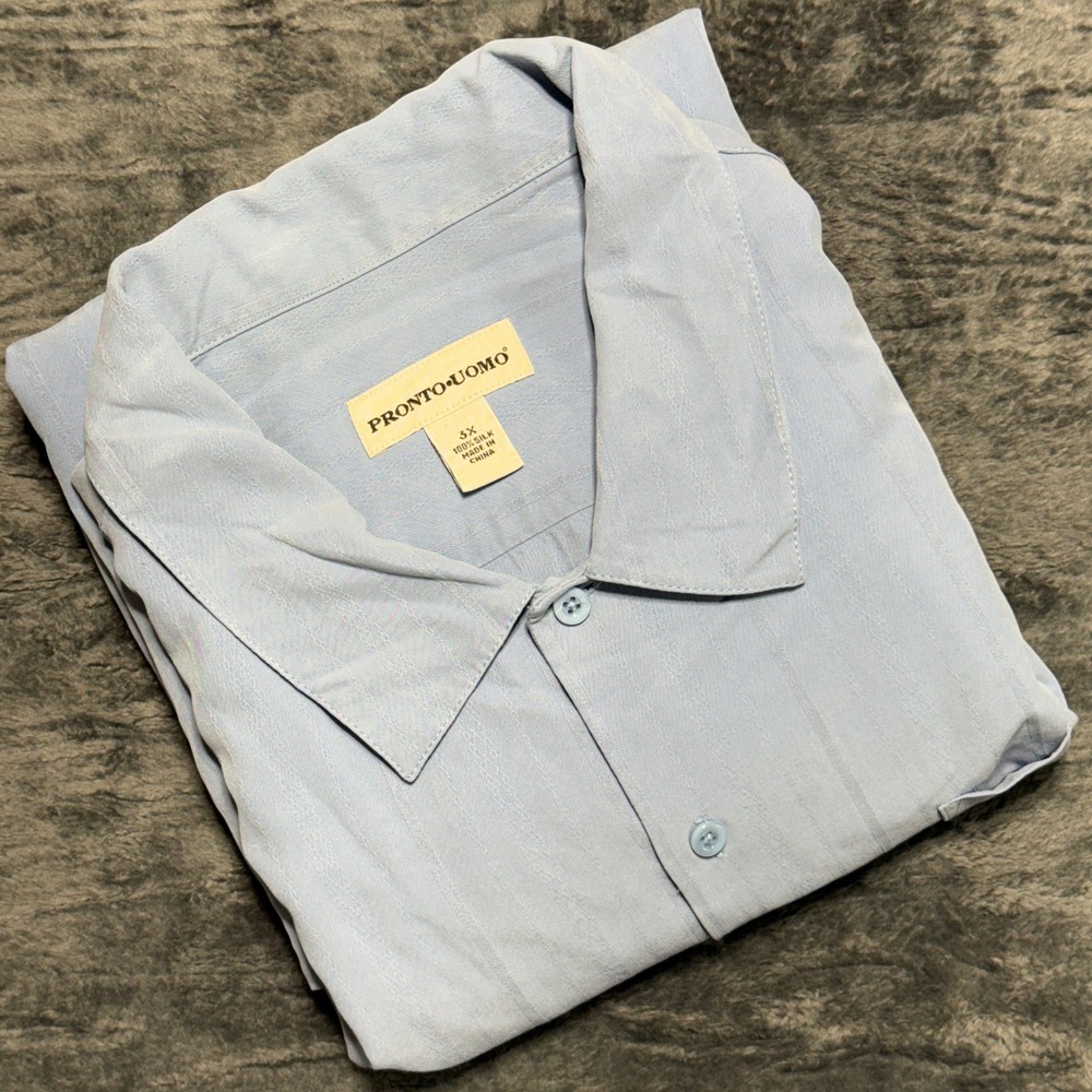 Pronto Uomo Button Down Shirt Mens 3X Light Blue 100% Silk Jacquard Stripe short